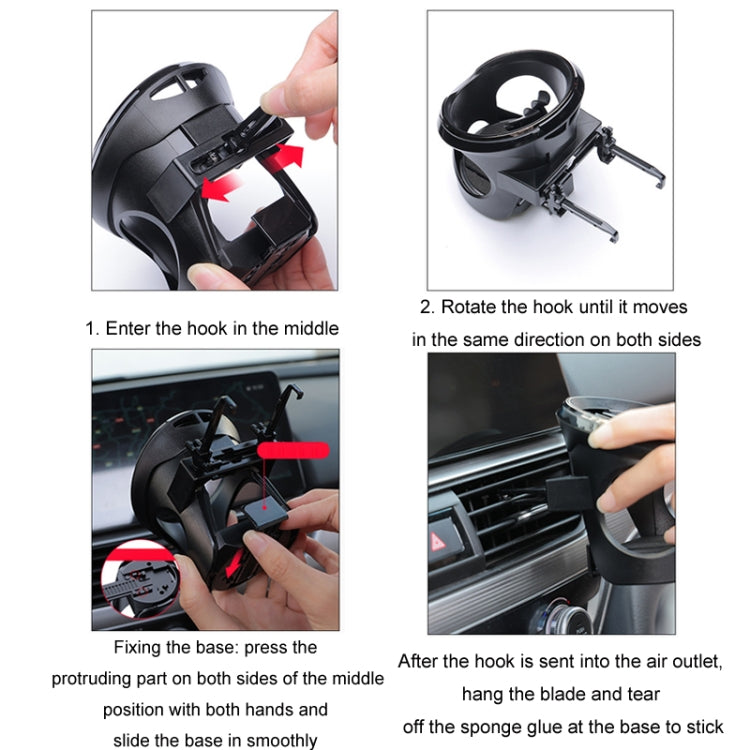 Black car holder with expandable hook and mounting base, shown being attached to air vent