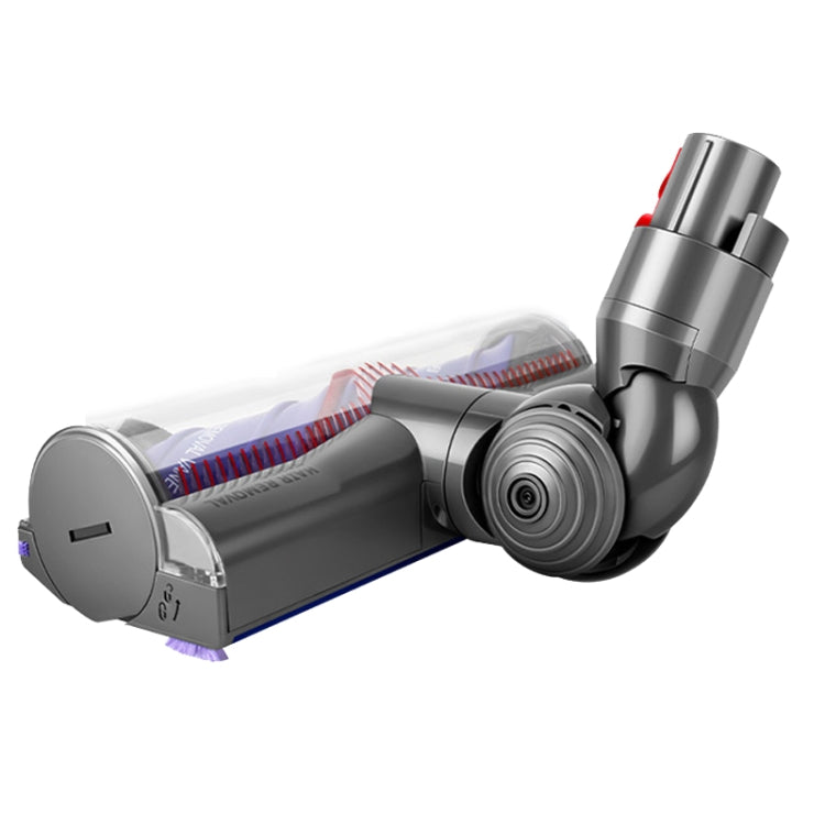 Motorized vacuum roller brush head with blue roller channels and red side button