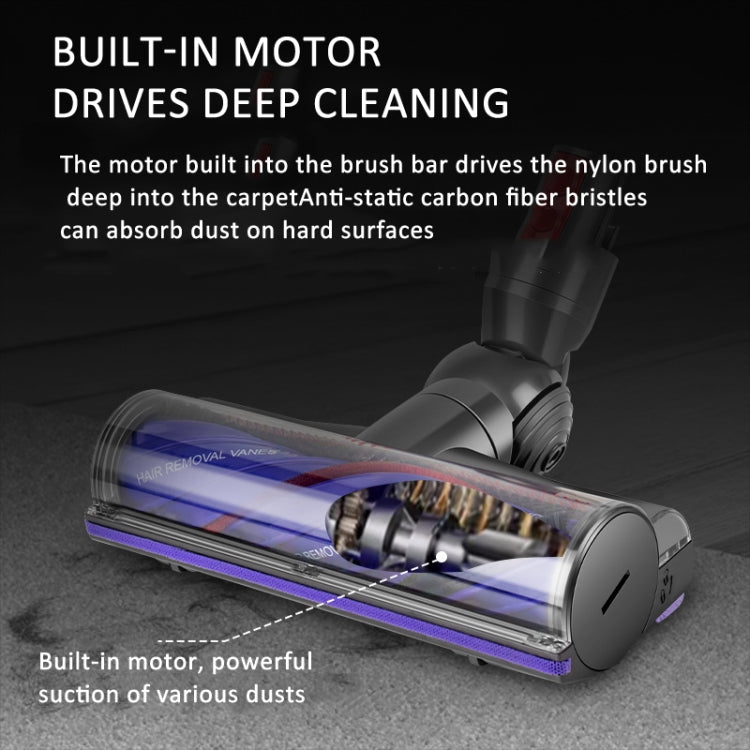 Motorized vacuum roller brush with blue hair-removal vanes and built-in motor