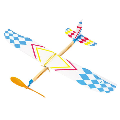 Rubber band powered airplane model toy with blue checkered wings and multicolor tail