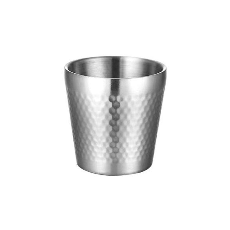 Silver hammered stainless steel double-wall tea mug, round top, no handle