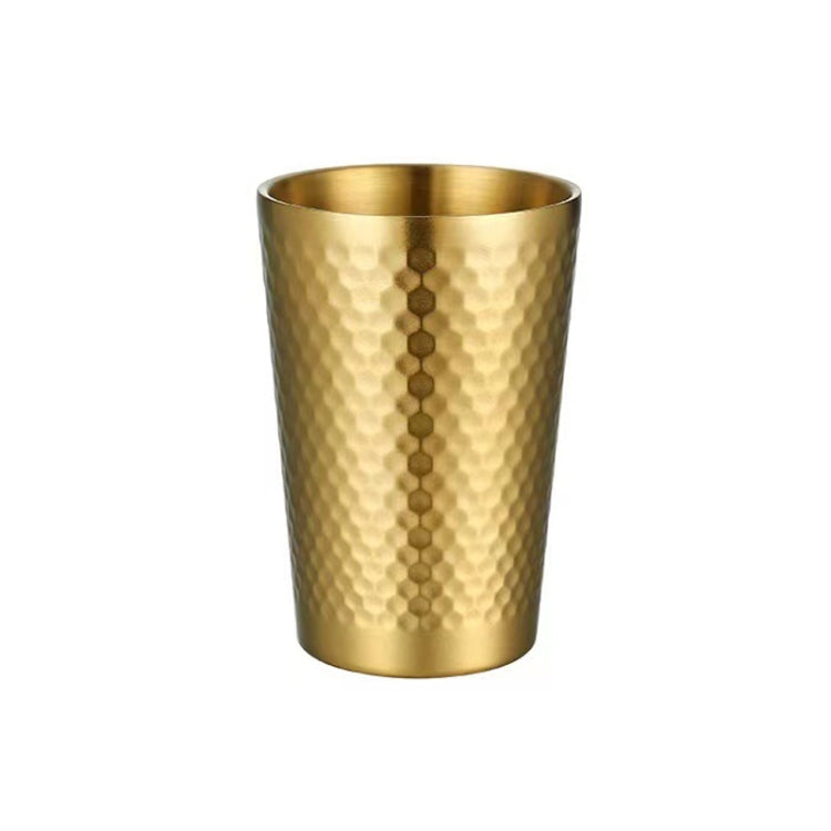 Gold hammered stainless mug with vertical bead line, smooth round rim