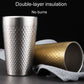 Silver hammered double-layer mug with rolled gold mug beside it
