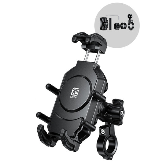 Black motorcycle phone mount with octopus-style clamp arms and anti-theft lock hardware