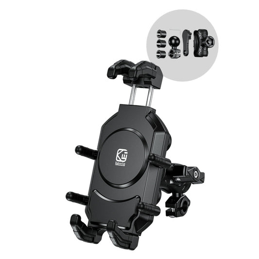 Black motorcycle phone mount with octopus clamp arms and included accessory hardware