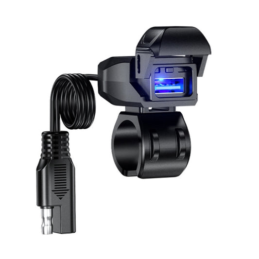 Motorcycle handlebar phone charger with USB port and coiled power cable, blue LED lit