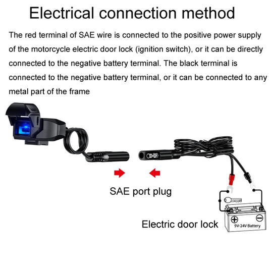 Motorcycle phone charger with SAE port plug and attached power cable leads