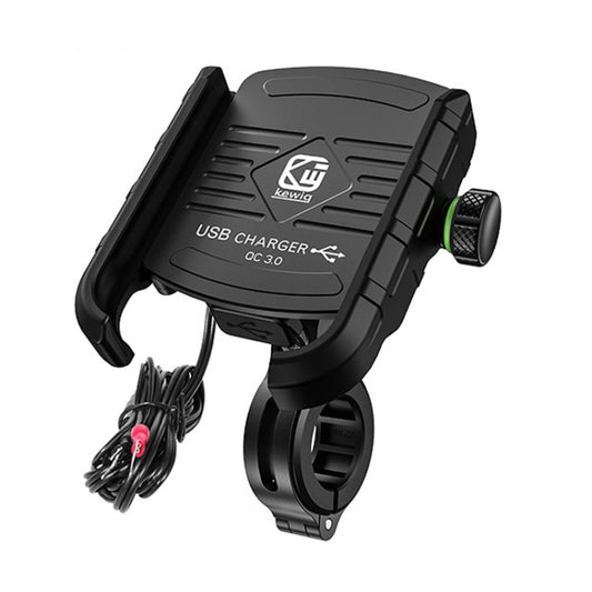 Black motorcycle phone holder with built-in USB charger and clamp mount