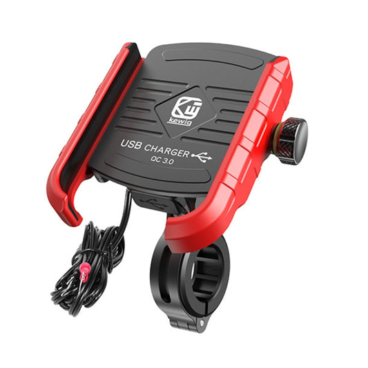 Red motorcycle phone holder with built-in USB charger and clamp mount