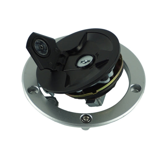 Motorcycle fuel tank cap assembly with black cover and silver mounting plate