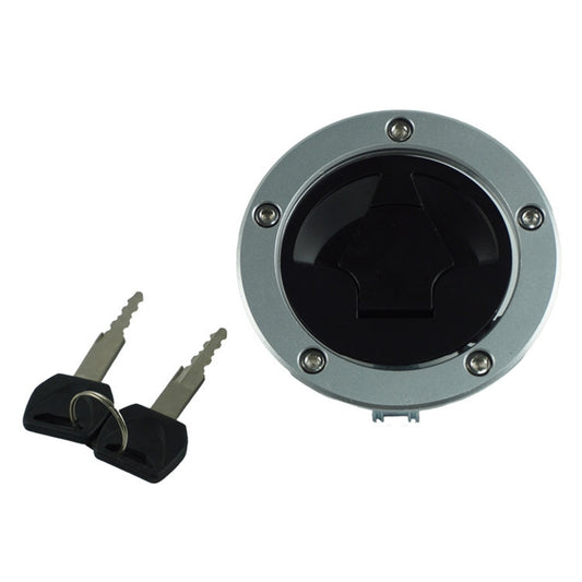Motorcycle fuel tank cap with black lock insert and two keys