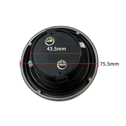 Fuel tank cap lock underside with labeled 43.5mm and 75.5mm measurements