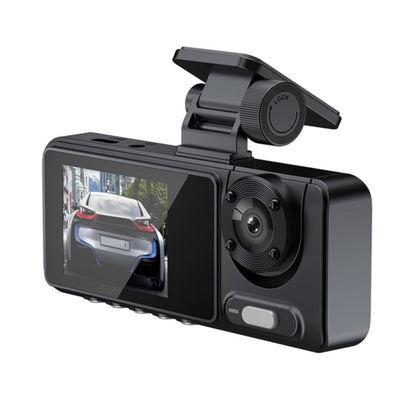 Black dash cam with front display screen, dual lenses, and windshield mount bracket