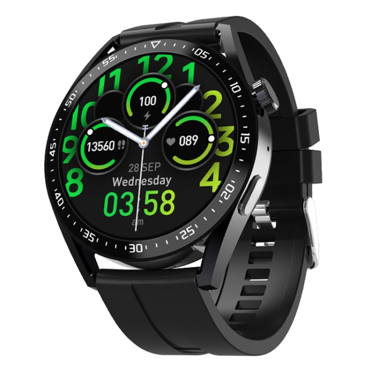 Black round smartwatch with silicone strap, numbered bezel, and health metrics on screen