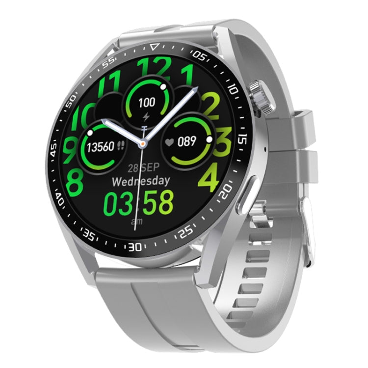 Silver smartwatch with light gray strap, numbered bezel, and health metrics on screen
