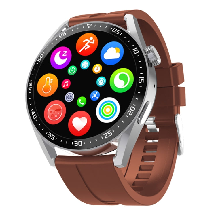 Smartwatch with brown strap, silver case, numbered bezel, and colorful app icons