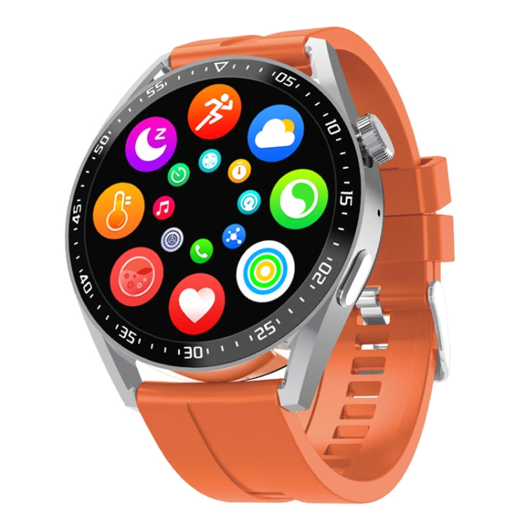 Smartwatch with orange strap, silver case, numbered bezel, and colorful app icons
