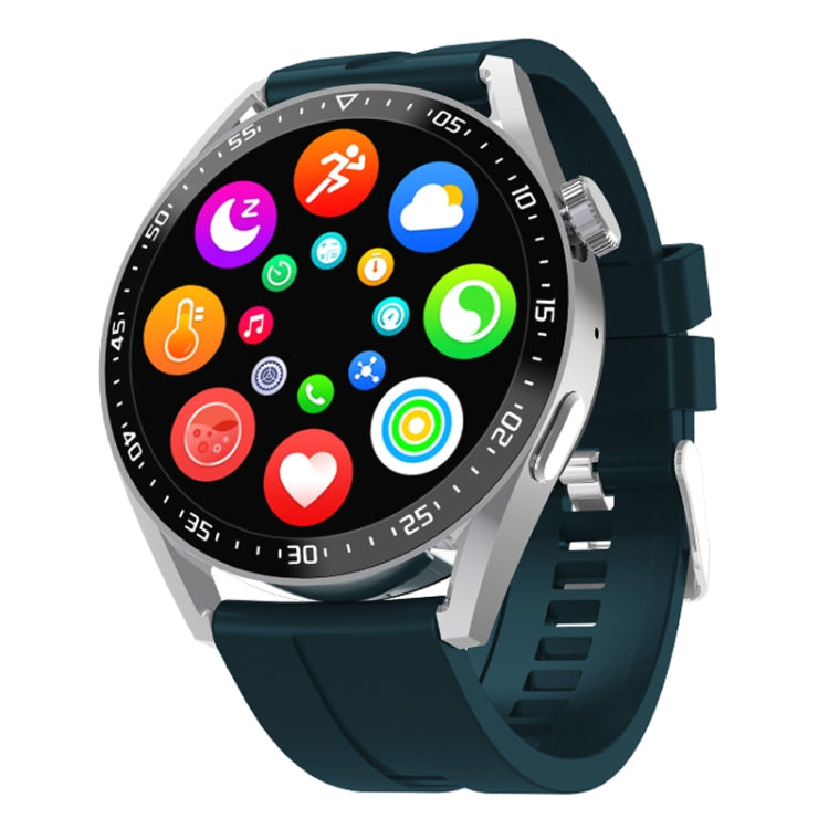 Smartwatch with dark teal strap, silver case, numbered bezel, and colorful app icons