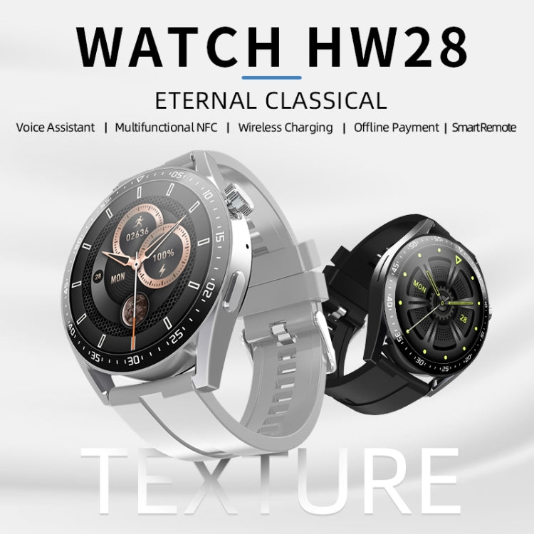 HW28 smartwatches in silver and black with patterned watch faces and textured bezels