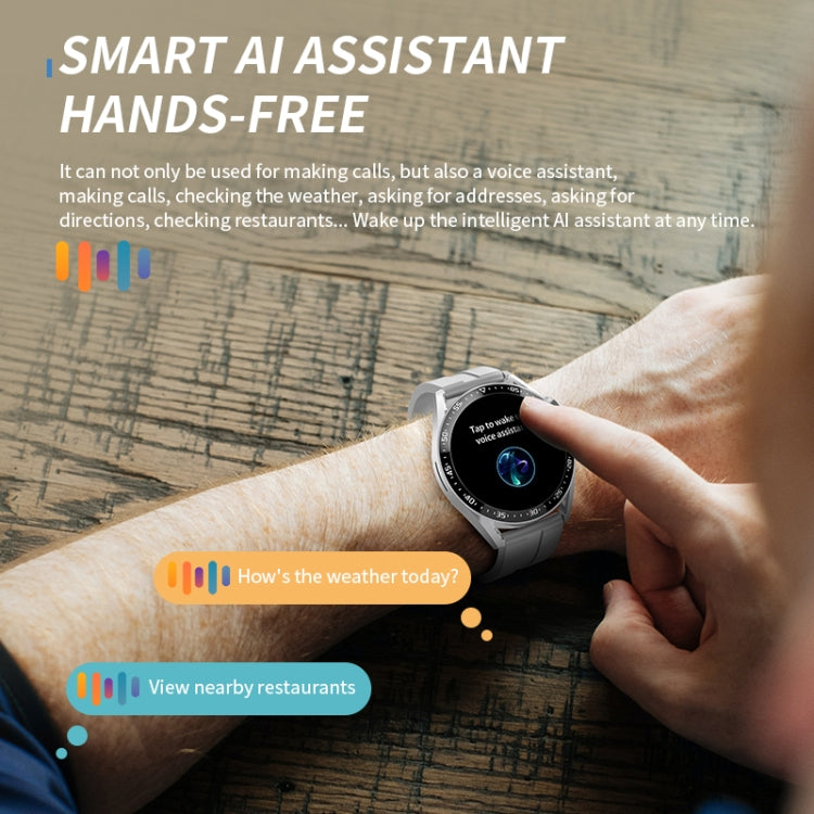 Silver HW28 smartwatch worn on the wrist, displaying a voice assistant prompt.