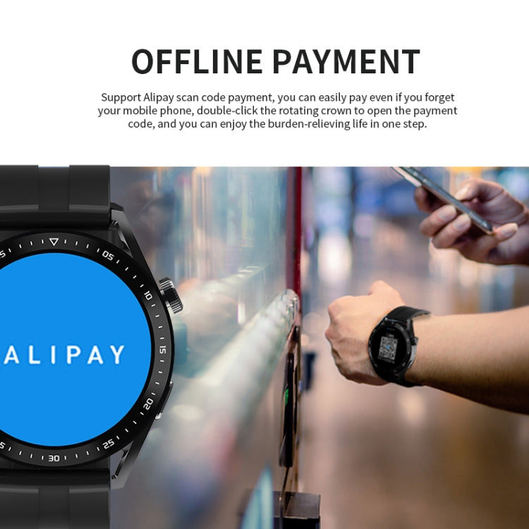 Black HW28 smartwatch with a round Alipay payment screen and a wrist-worn view.