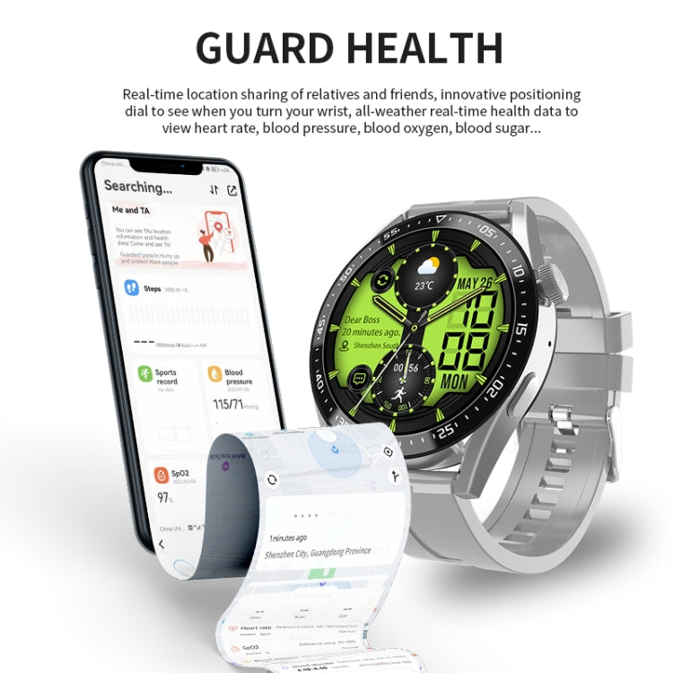 Silver HW28 smartwatch with a green health dashboard display and matching metal band.