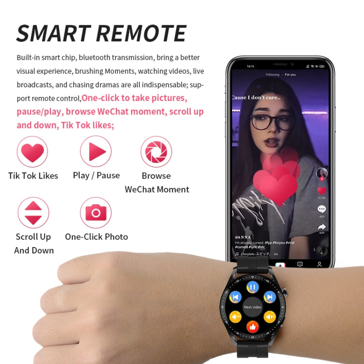 Black HW28 smartwatch displaying media controls on the wrist.