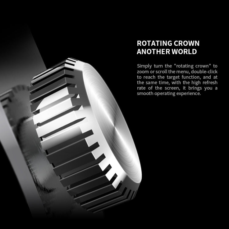 Smartwatch rotating crown shown in close-up with ridged metal detailing