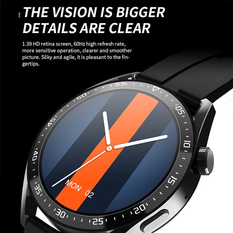 Black smartwatch close-up with round display, orange stripe face, and numbered bezel