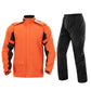 Orange full-body motorcycle rain suit: zip jacket and cuffed pants with reflective panels