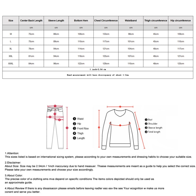 Outdoor motorcycle raincoat suit size chart with sleeve, waist, and inseam measurements