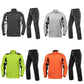 Motorcycle rain suit set showing multiple colors: zip jackets and cuffed pants