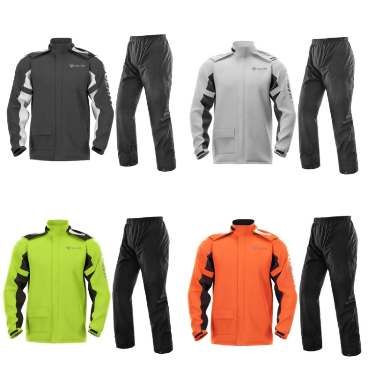 Motorcycle rain suit set showing multiple colors: zip jackets and cuffed pants