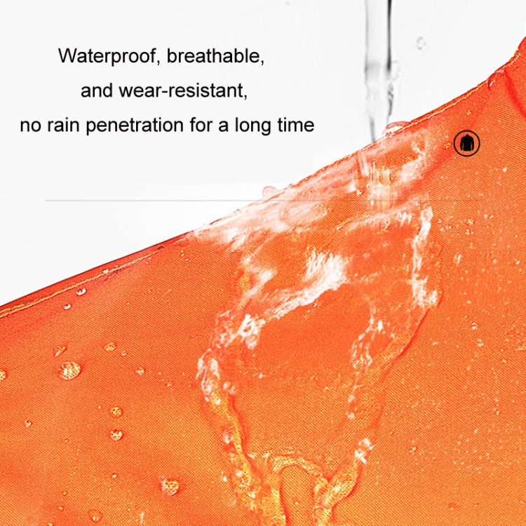 Orange waterproof rain suit fabric close-up with water beading on seam