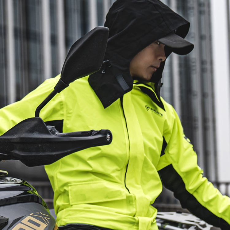 Outdoor motorcycle raincoat suit in neon green with hood and visor for riding