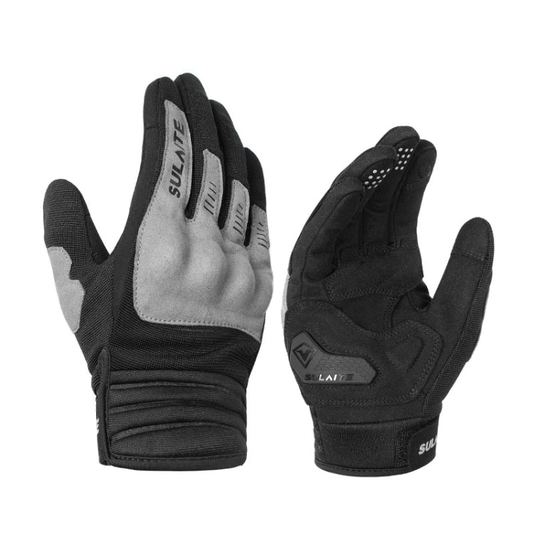 Motorcycle riding gloves, full-finger, black with gray interior and touchscreen dotted fingertips