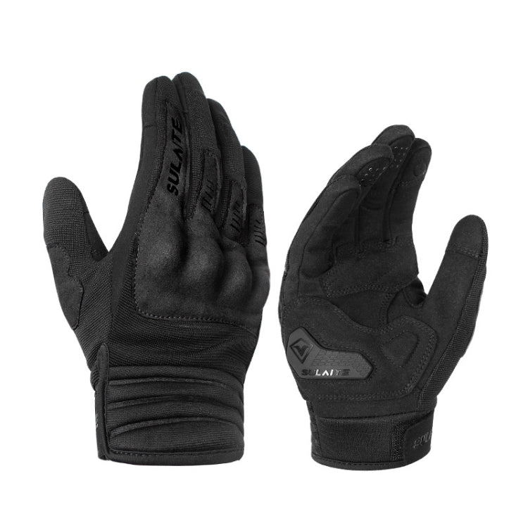 Motorcycle riding gloves, full-finger, black with textured palm grip and stitched knuckle panels