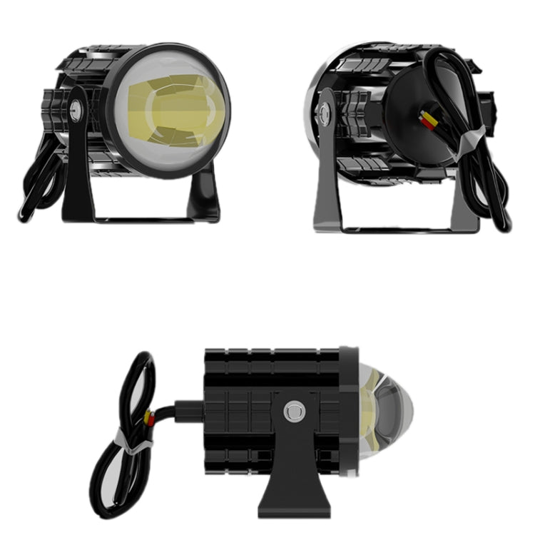 Motorcycle LED headlight set shown from front, side, and rear with black wiring