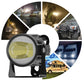 Round motorcycle LED headlight with black heat-sink body and yellow-tinted lens