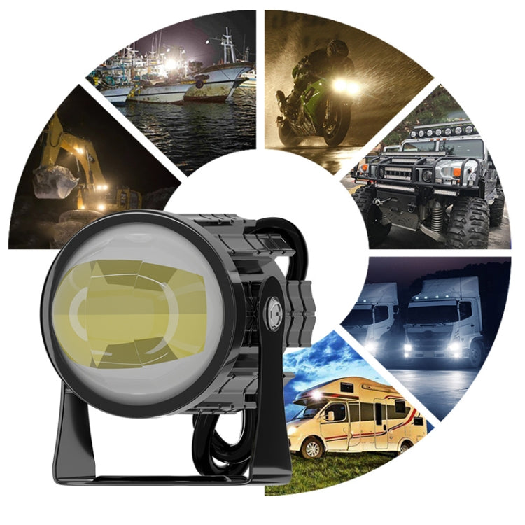 Round motorcycle LED headlight with black heat-sink body and yellow-tinted lens