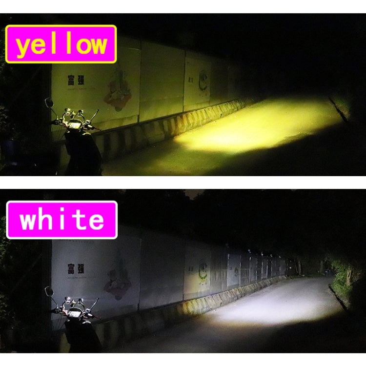 Motorcycle LED headlight with yellow and white light outputs shown as beam spots