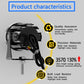 Black motorcycle LED headlight with side wiring and feature callouts on graphic