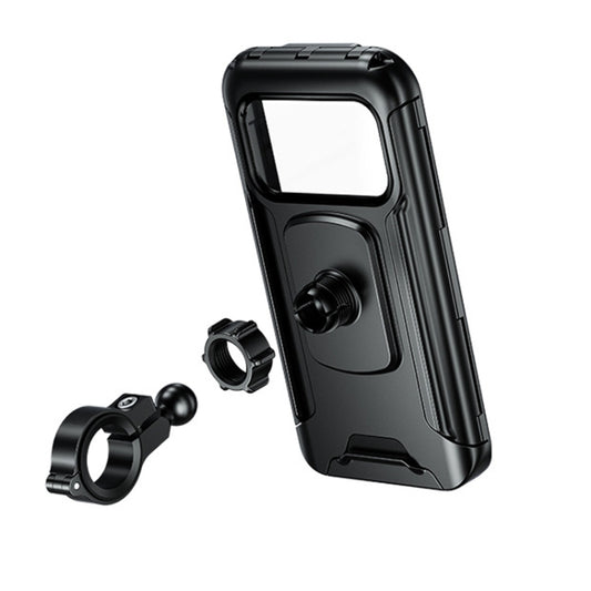 Black protective phone holder case with adjustable ball mount and clip, angled view
