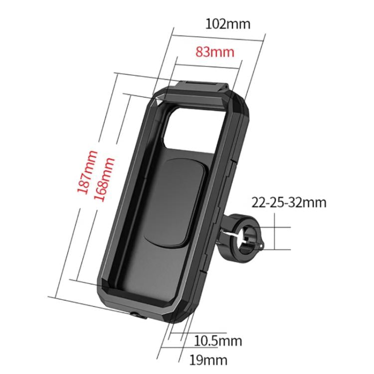 Phone holder case dimensions diagram with black protective shell and handlebar clamp