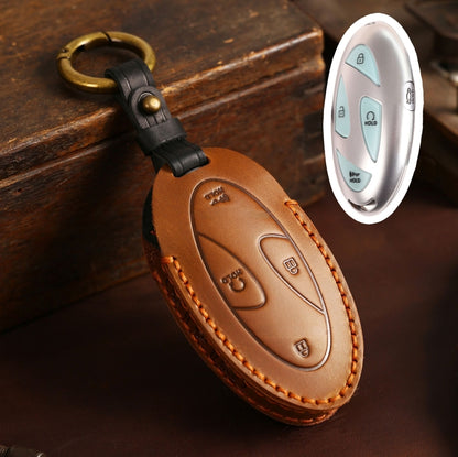 Brown leather key fob holder with button shell and keyring loop