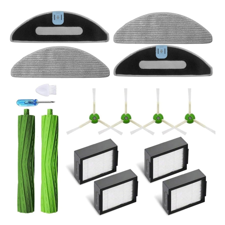Robot vacuum accessory set with gray mop pads, filters, and green edge brushes.