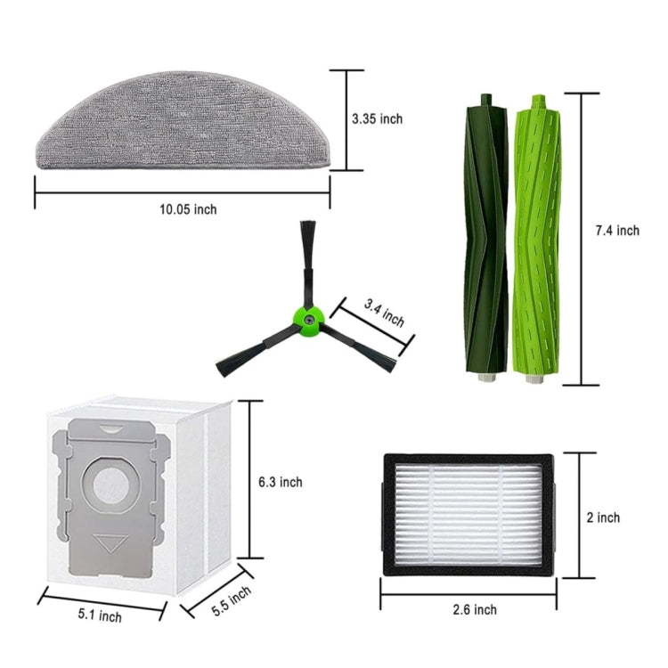 Robot vacuum replacement parts set with mop pads, brushes, filters, and dust bag.