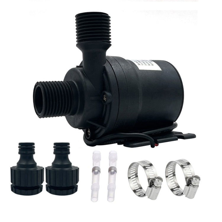 Black brushless DC booster pump with threaded ports and base mounting bracket