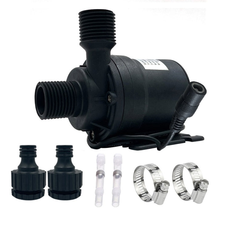 Black brushless DC booster pump with inlet/outlet threads and included installation parts