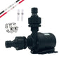 Black DC booster pump with threaded connectors, clamps, and visible wiring leads